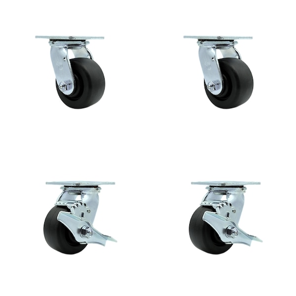 4 Inch Polyolefin Swivel Caster Set with Ball Bearings 2 Brakes